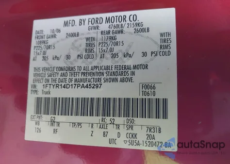 2007 Ford Ranger Stx/Xl/Xlt z USA, uszkodzony, nr VIN 1FTYR14D17PA45297